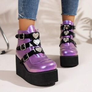 Holographic Laser Purple Platform Heart Buckle Boots